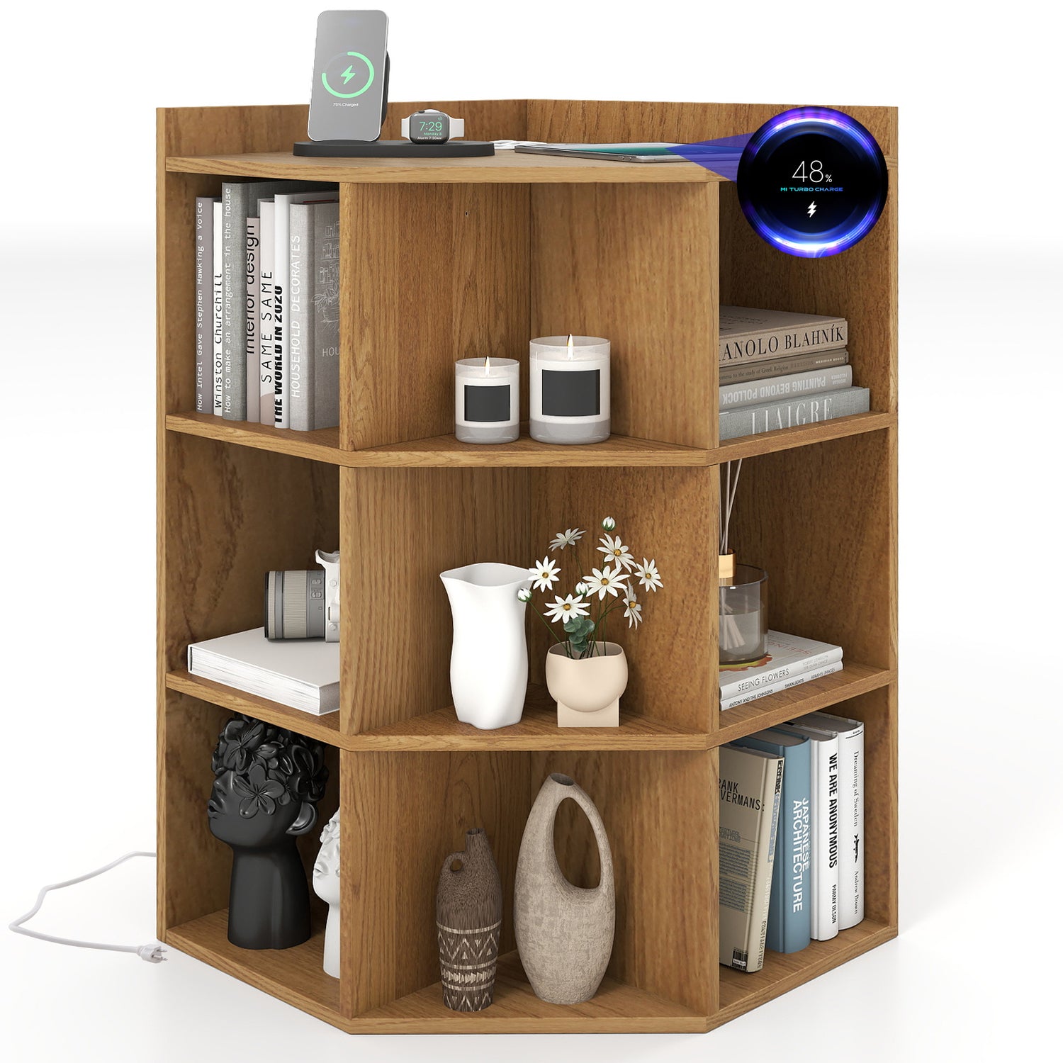 3-Tier Corner Cabinet with Charging Station for Bedroom