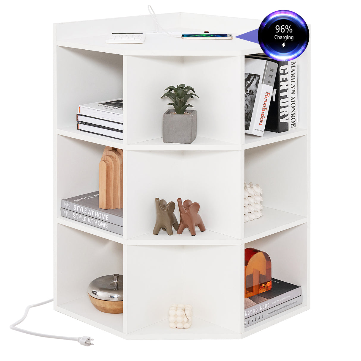 3-Tier Corner Cabinet with Charging Station for Bedroom