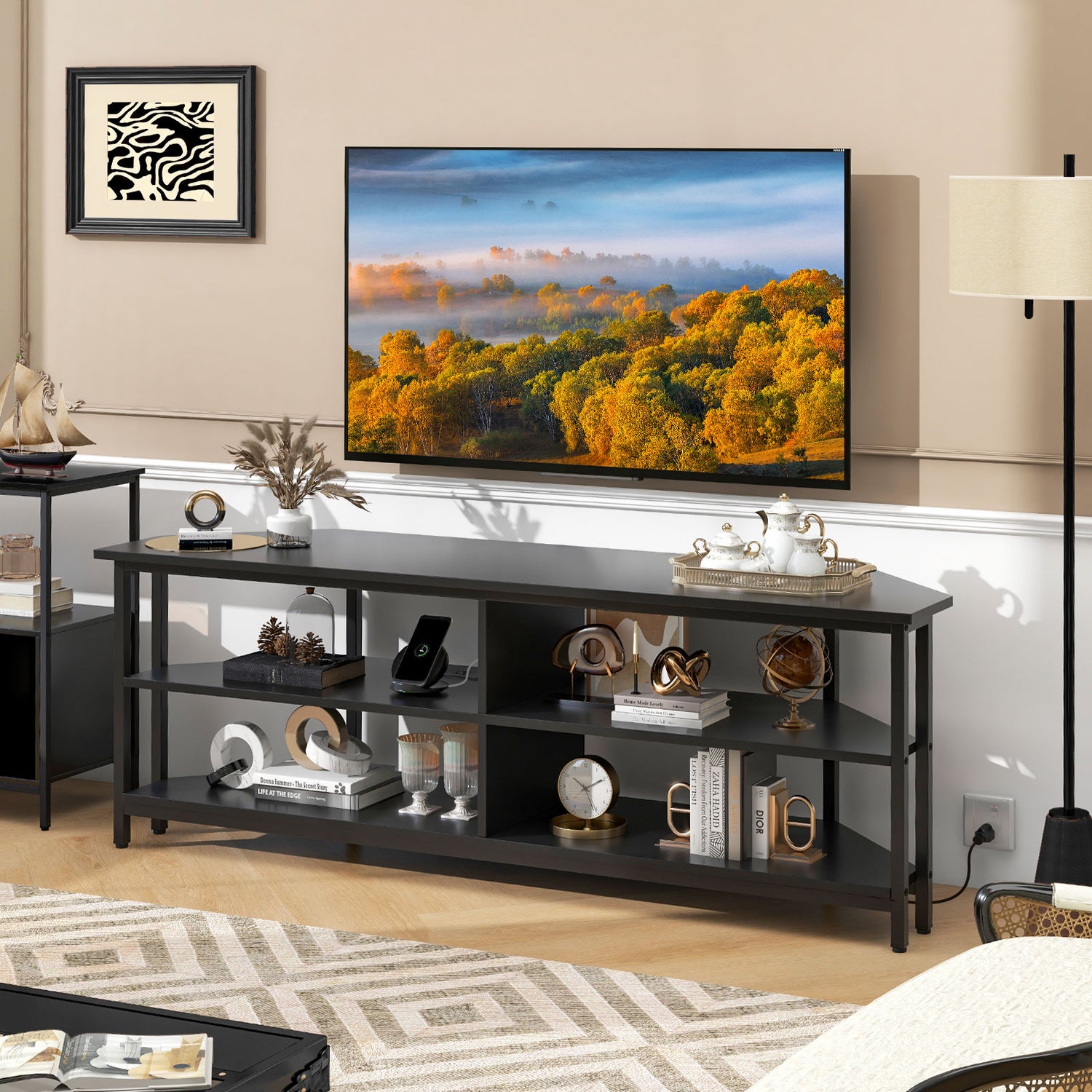 3-Tier Corner TV Stand for TVs up to 65 Inches with Charging Station-Black