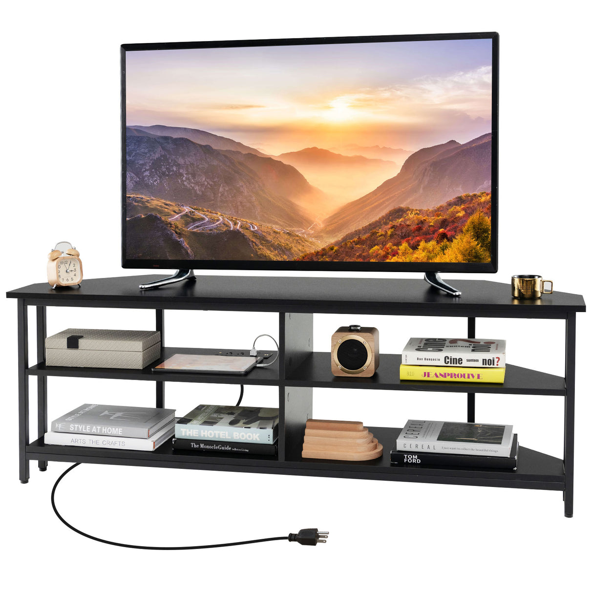 3-Tier Corner TV Stand for TVs up to 65 Inches with Charging Station-Black