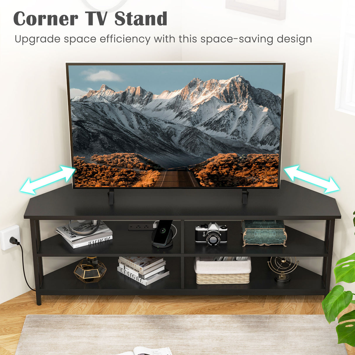 3-Tier Corner TV Stand for TVs up to 65 Inches with Charging Station-Black