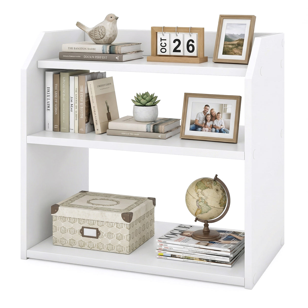 3-Tier Desktop Bookshelf Wooden Countertop Bookcase with Raised Top Guardrails-White