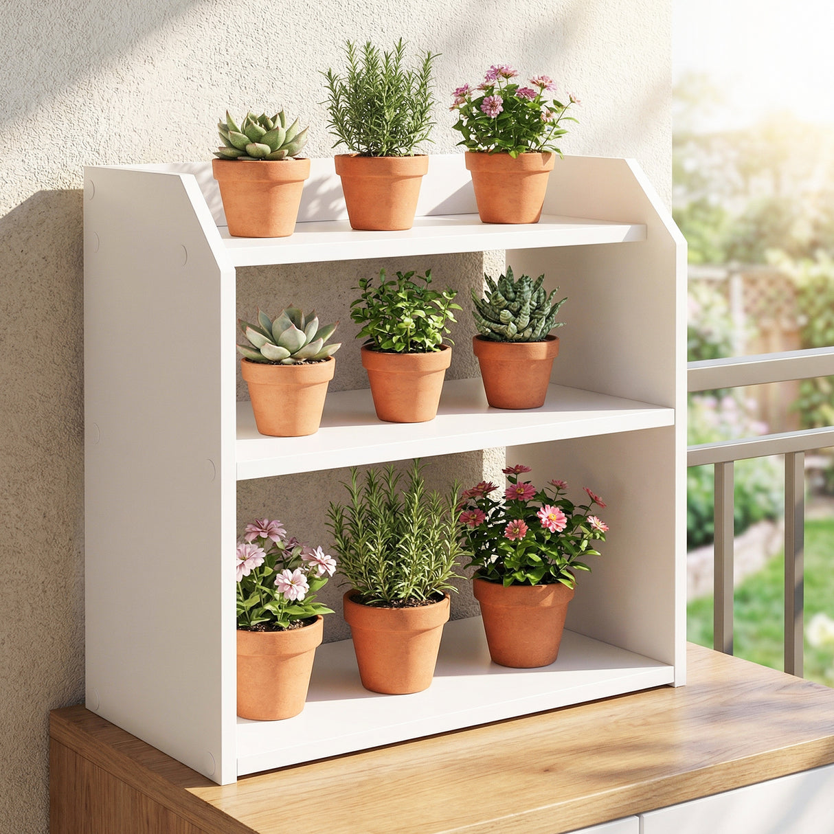 3-Tier Desktop Bookshelf Wooden Countertop Bookcase with Raised Top Guardrails-White