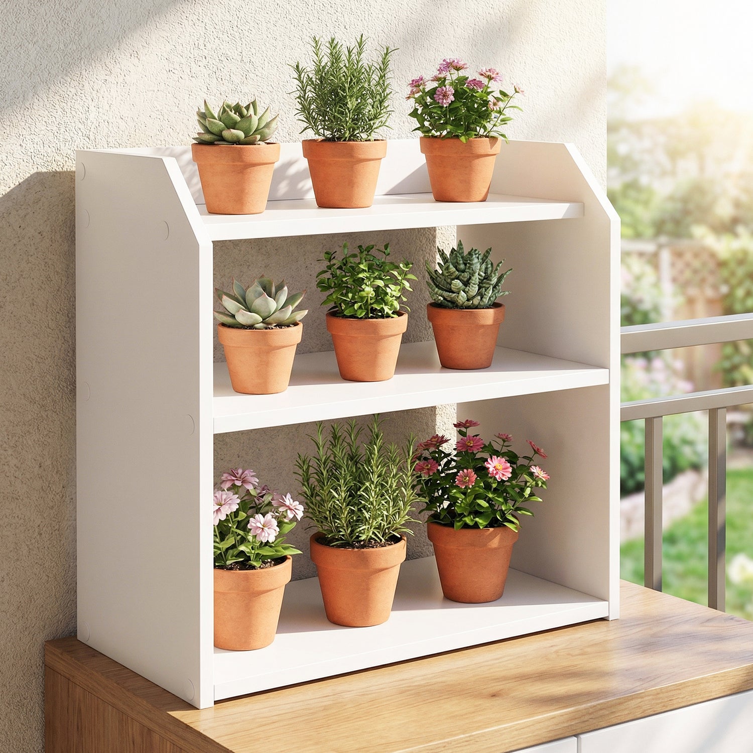 3-Tier Desktop Bookshelf Wooden Countertop Bookcase with Raised Top Guardrails-White