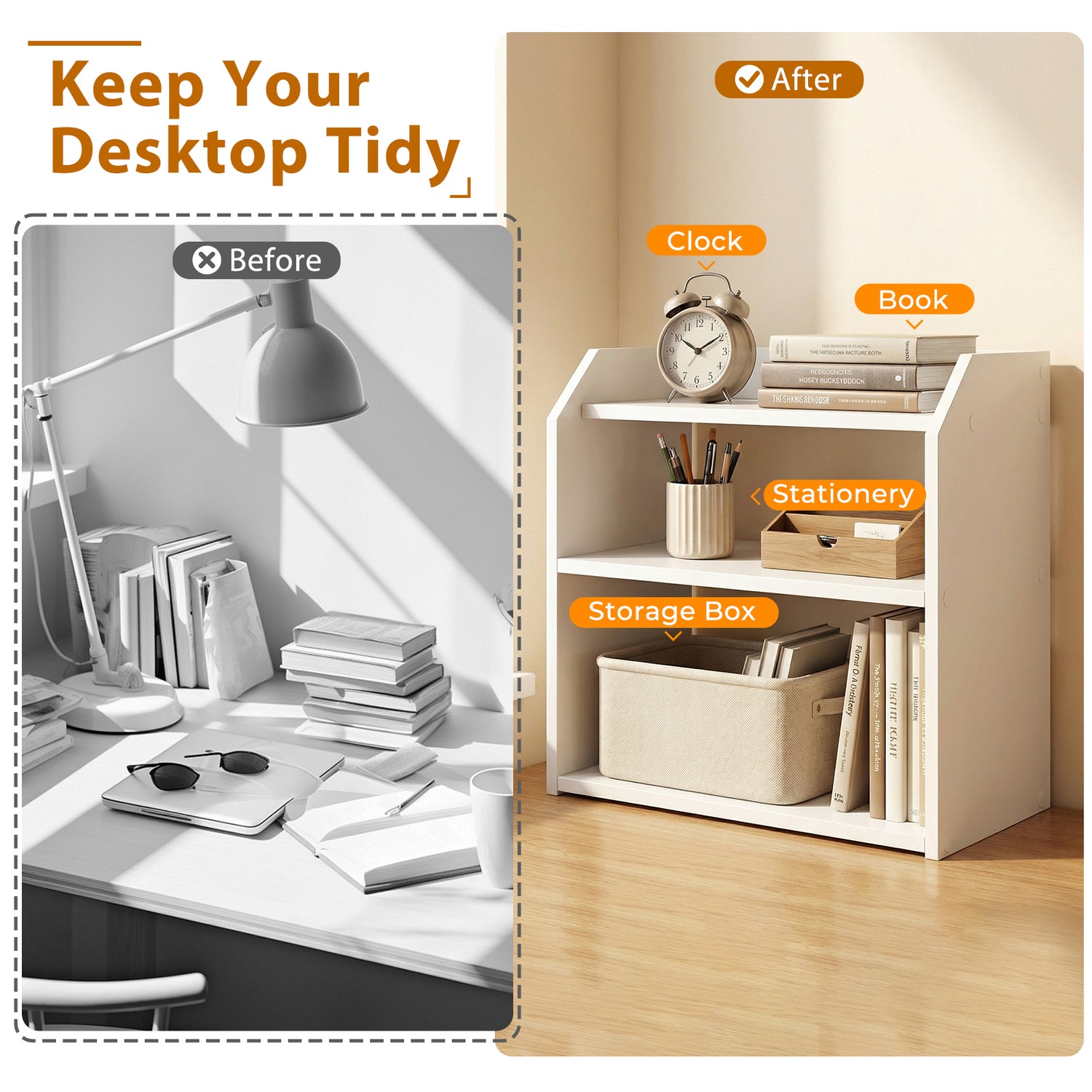 3-Tier Desktop Bookshelf Wooden Countertop Bookcase with Raised Top Guardrails-White