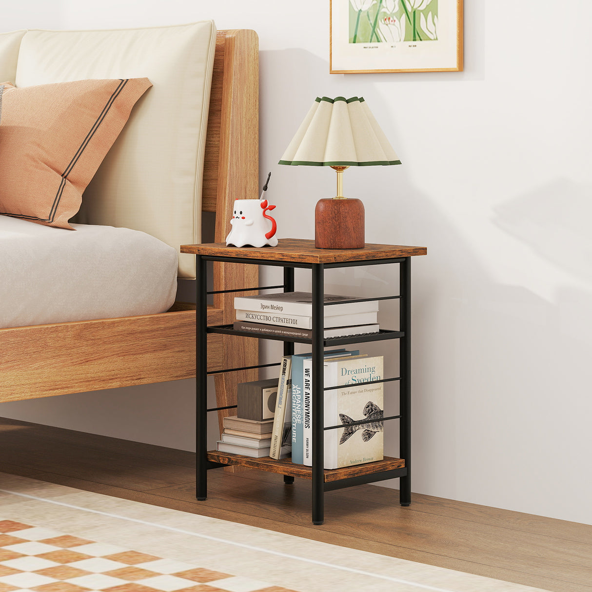 3-Tier End Table Set of 2 Side Table with Storage Shelves Metal Frame-Rustic Brown