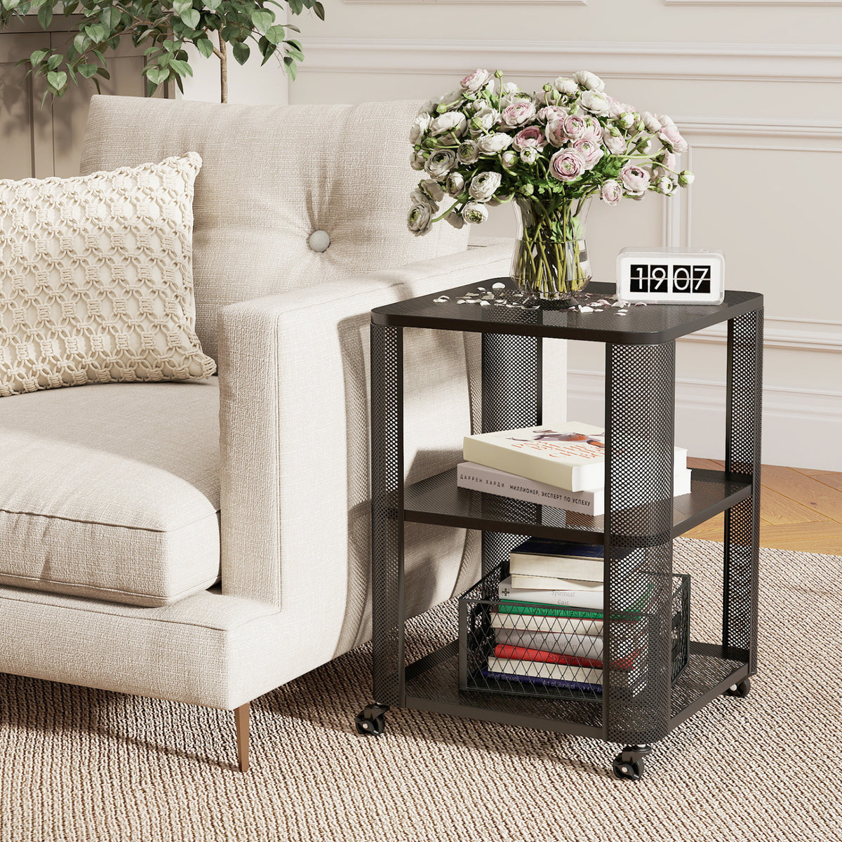 3-Tier End Table with Wheels Rolling Side Table with Open Storage Shelves-Set of 2