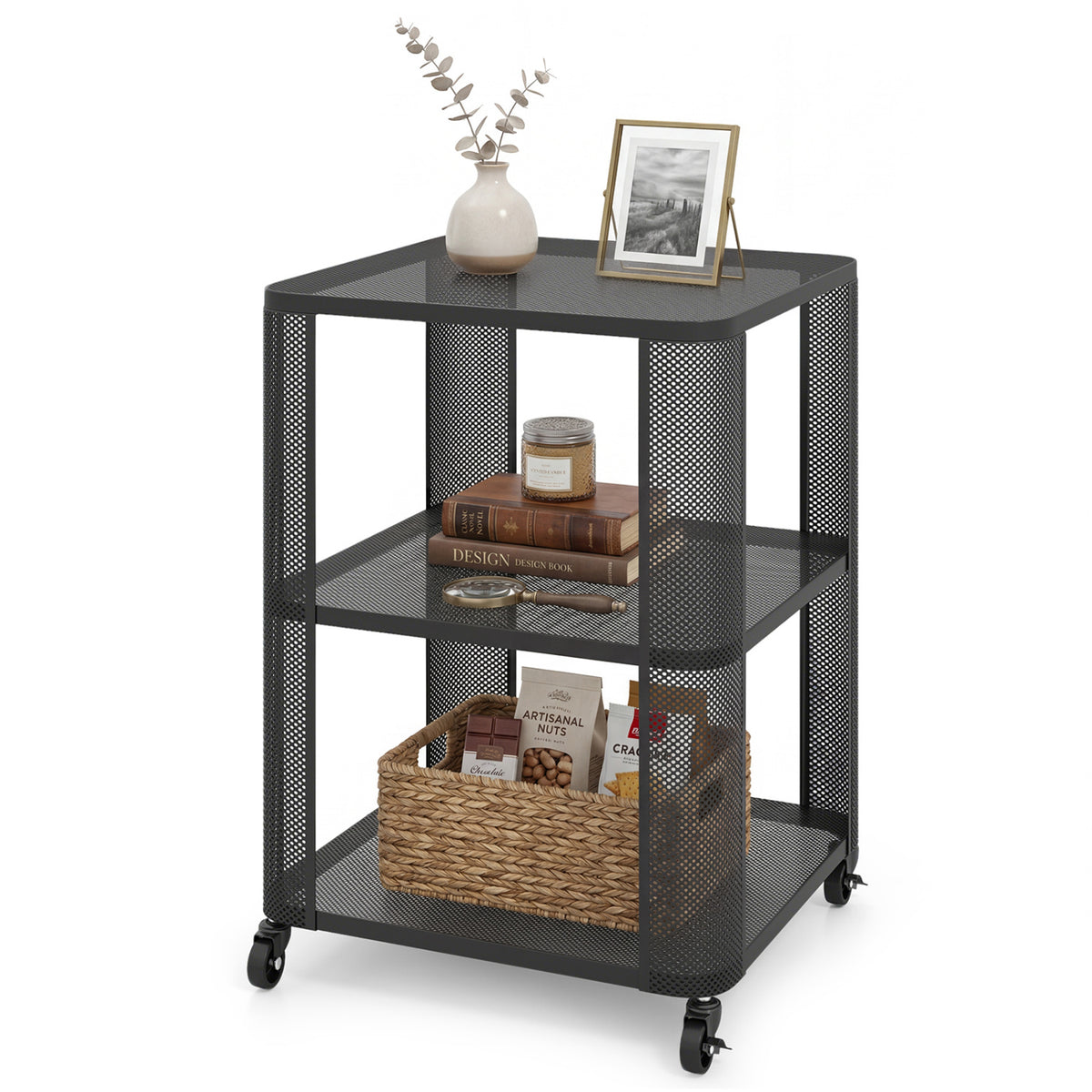 3-Tier End Table with Wheels Rolling Side Table with Open Storage Shelves-Set of 2
