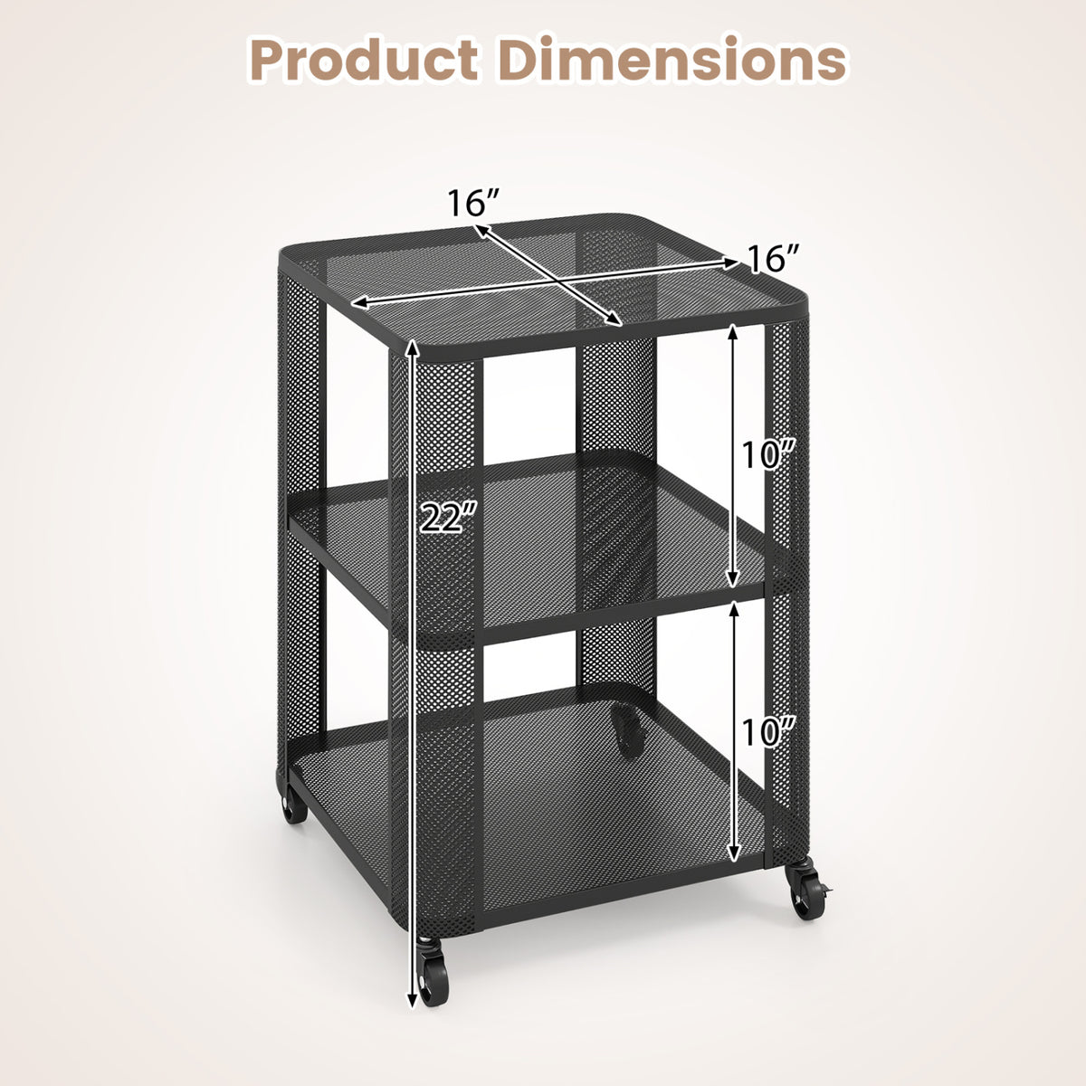3-Tier End Table with Wheels Rolling Side Table with Open Storage Shelves-Set of 2