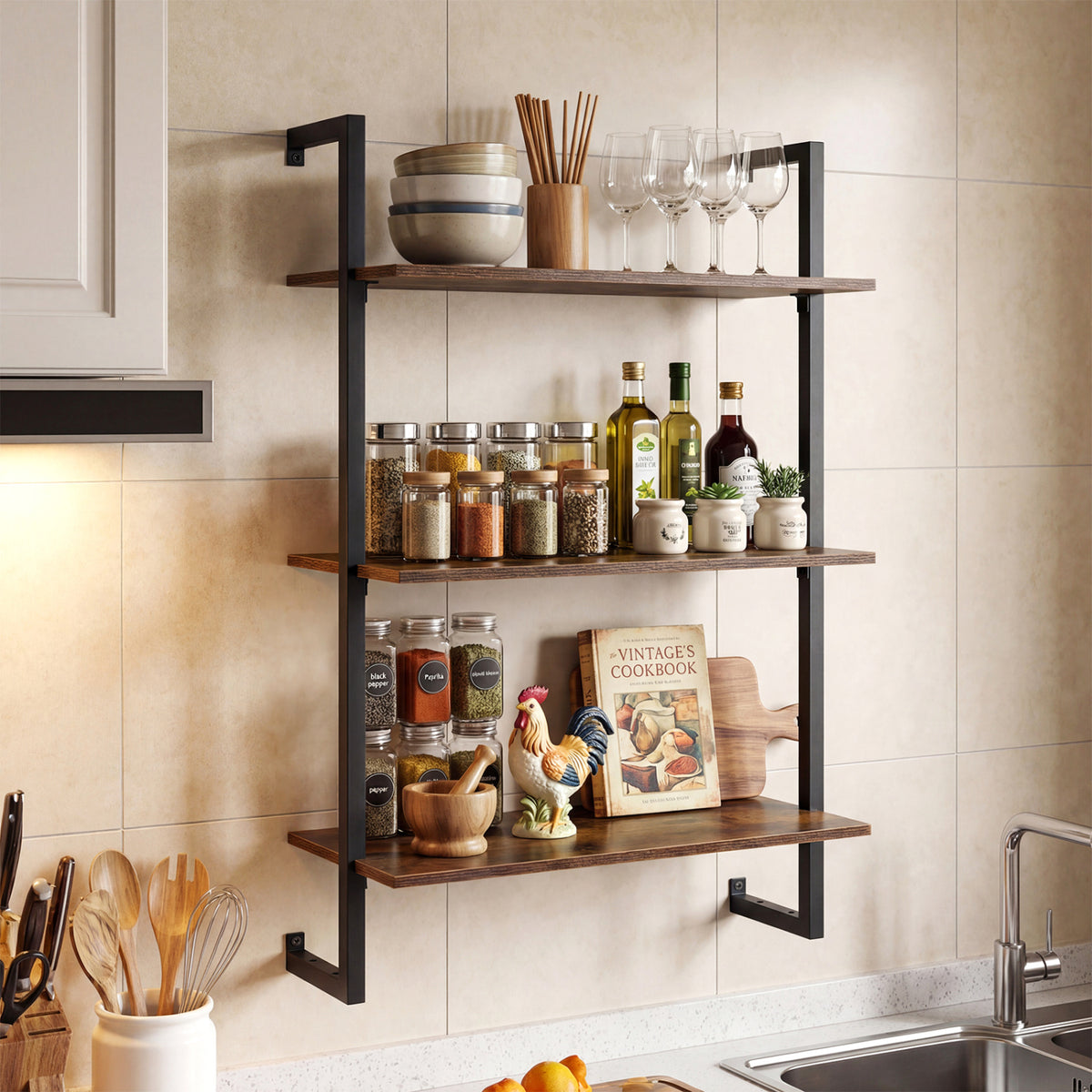 3-Tier Floating Modern Kitchen Shelf for Living Room Home Office and Bathroom