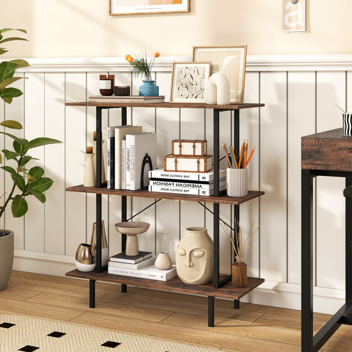 3-Tier Freestanding Bookshelf with Open Shelves and Metal Frame for Living Room-Rustic Brown