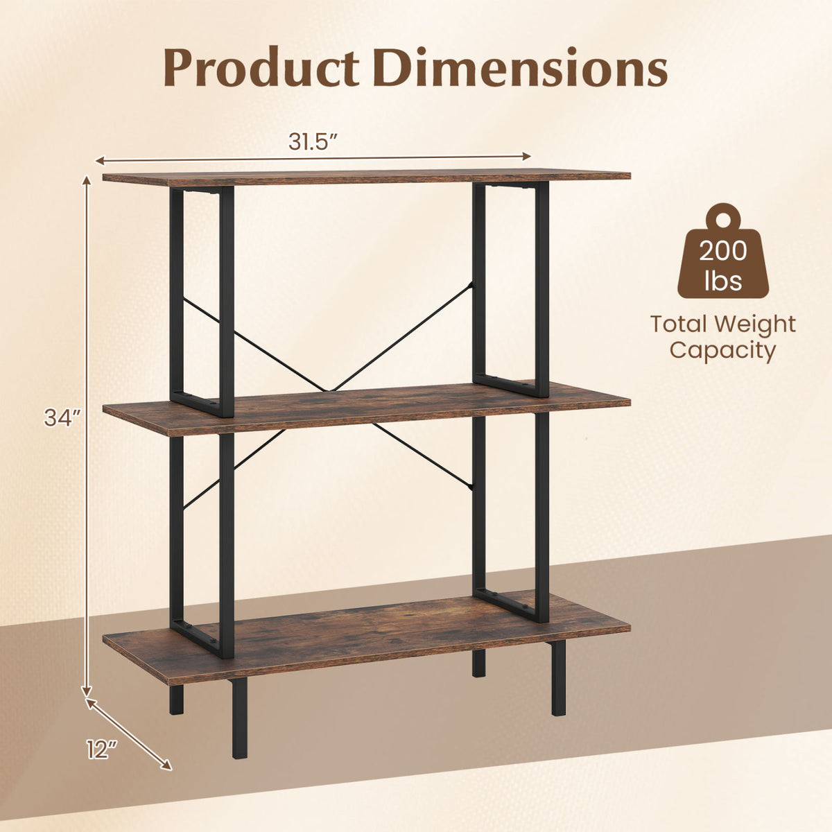 3-Tier Freestanding Bookshelf with Open Shelves and Metal Frame for Living Room-Rustic Brown