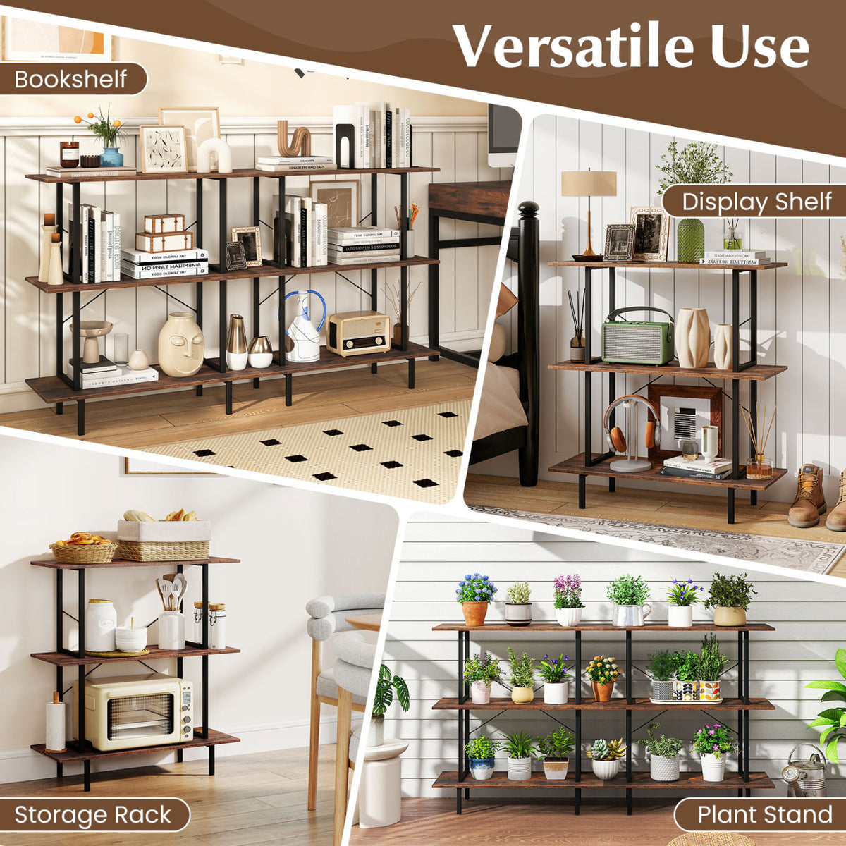 3-Tier Freestanding Bookshelf with Open Shelves and Metal Frame for Living Room-Rustic Brown