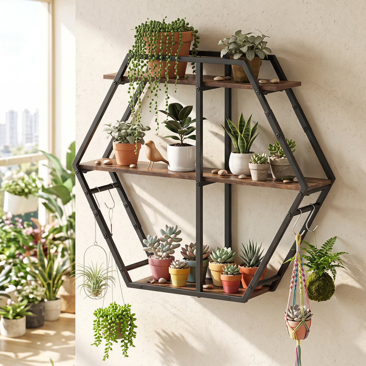 3-Tier Geometric Bookcase with S-Shaped Hooks for Living Room-Rustic Brown