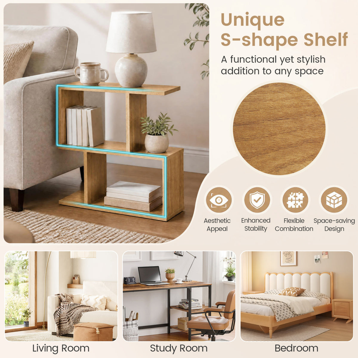 3-Tier Geometric Bookshelf Freestanding Display Shelf Side Table Set of 2