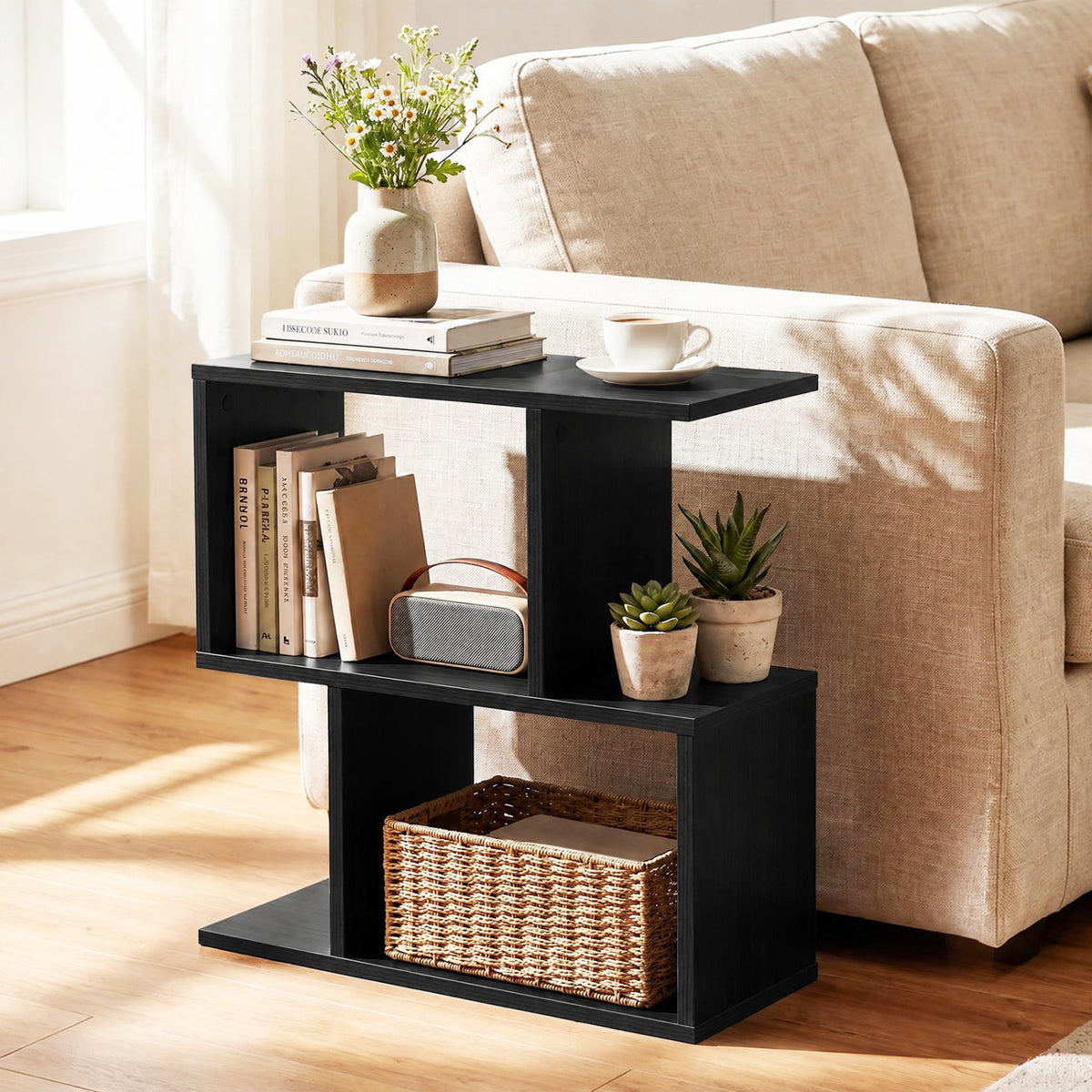 3-Tier Geometric Bookshelf Freestanding Display Shelf Side Table Set of 2