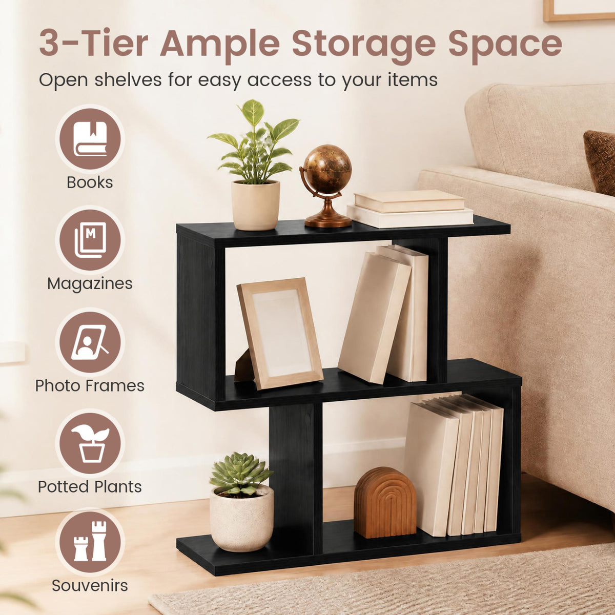 3-Tier Geometric Bookshelf Freestanding Display Shelf Side Table Set of 2
