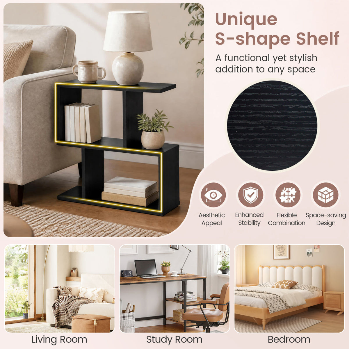 3-Tier Geometric Bookshelf Freestanding Display Shelf Side Table Set of 2