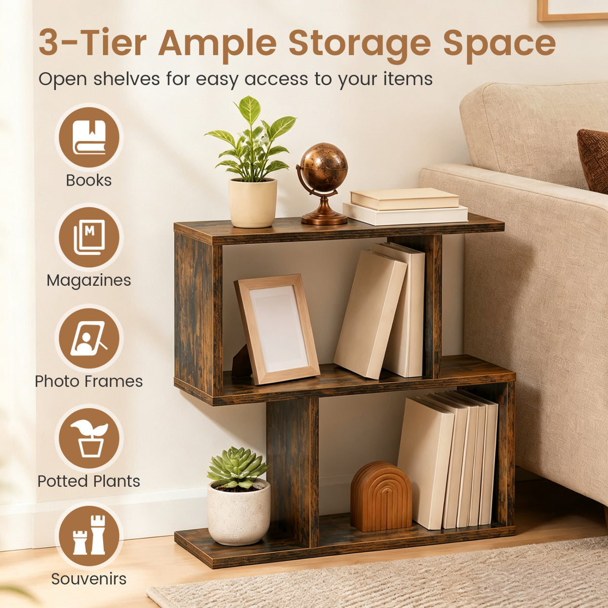 3-Tier Geometric Bookshelf Freestanding Display Shelf Side Table Set of 2
