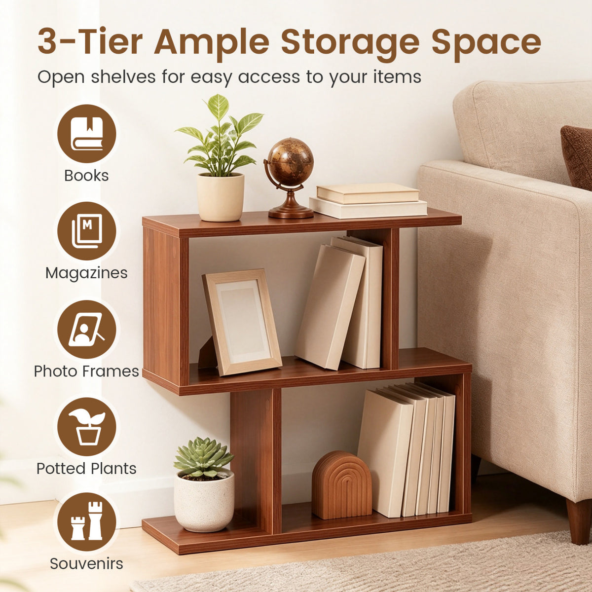 3-Tier Geometric Bookshelf Freestanding Display Shelf Side Table Set of 2
