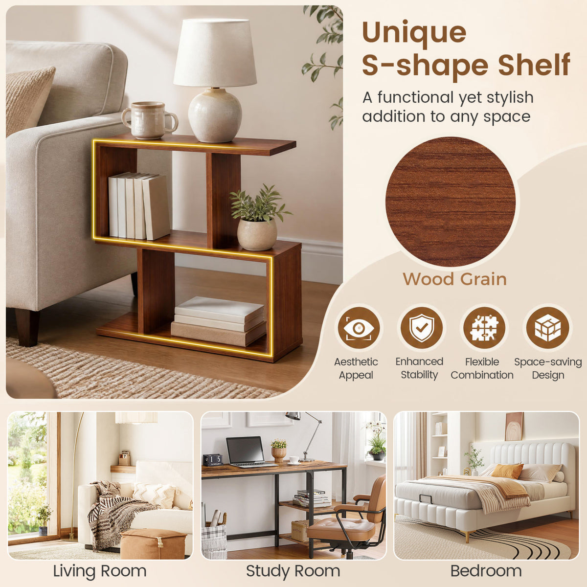 3-Tier Geometric Bookshelf Freestanding Display Shelf Side Table Set of 2