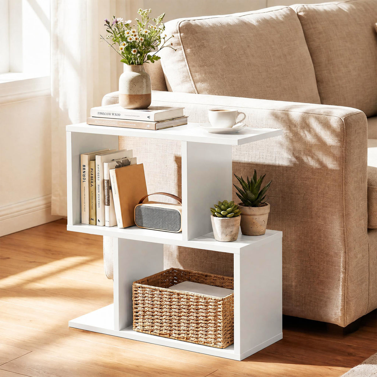 3-Tier Geometric Bookshelf Freestanding Display Shelf Side Table Set of 2