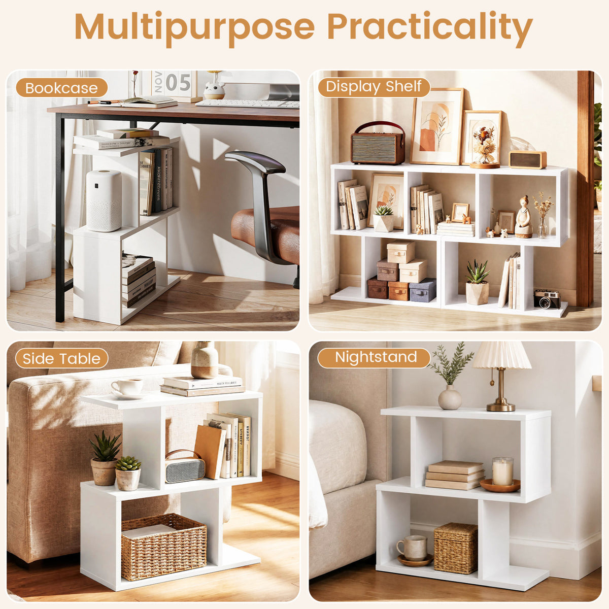3-Tier Geometric Bookshelf Freestanding Display Shelf Side Table Set of 2