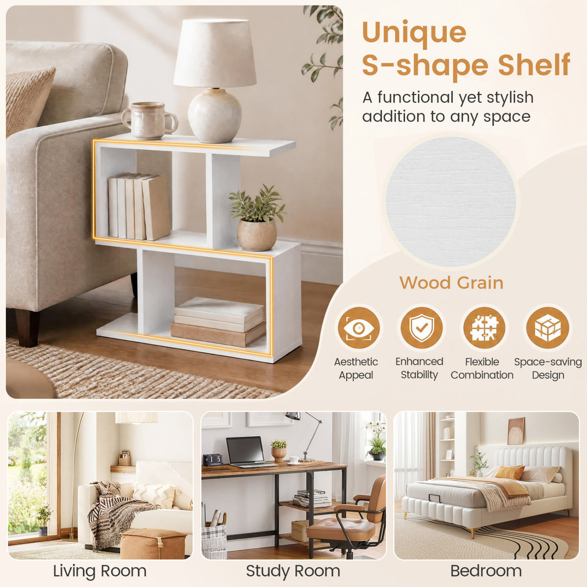 3-Tier Geometric Bookshelf Freestanding Display Shelf Side Table Set of 2