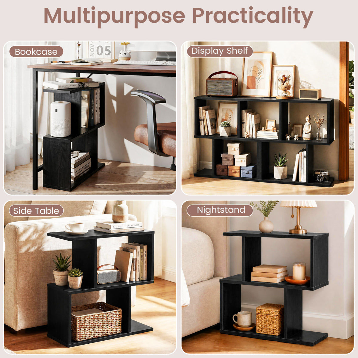 3-Tier Geometric Bookshelf Freestanding Display Shelf Side Table Set of 2