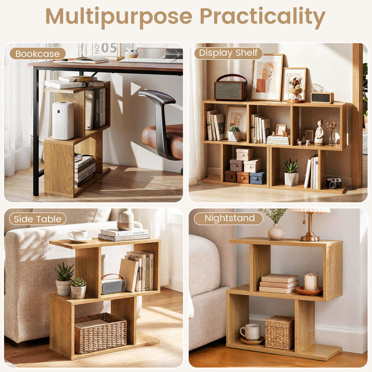 3-Tier Geometric Bookshelf Freestanding Display Shelf Side Table Set of 2