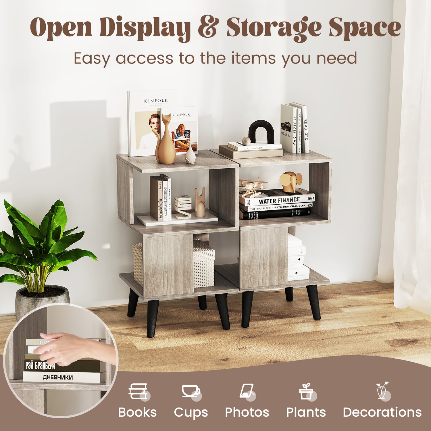 3-Tier Geometric Bookshelf Set of 2 with Open Storage Shelves