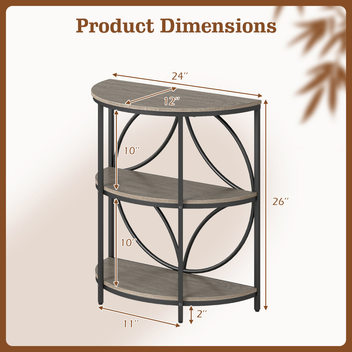 3-Tier Half Round End Table with Study Metal Frame for Living Room
