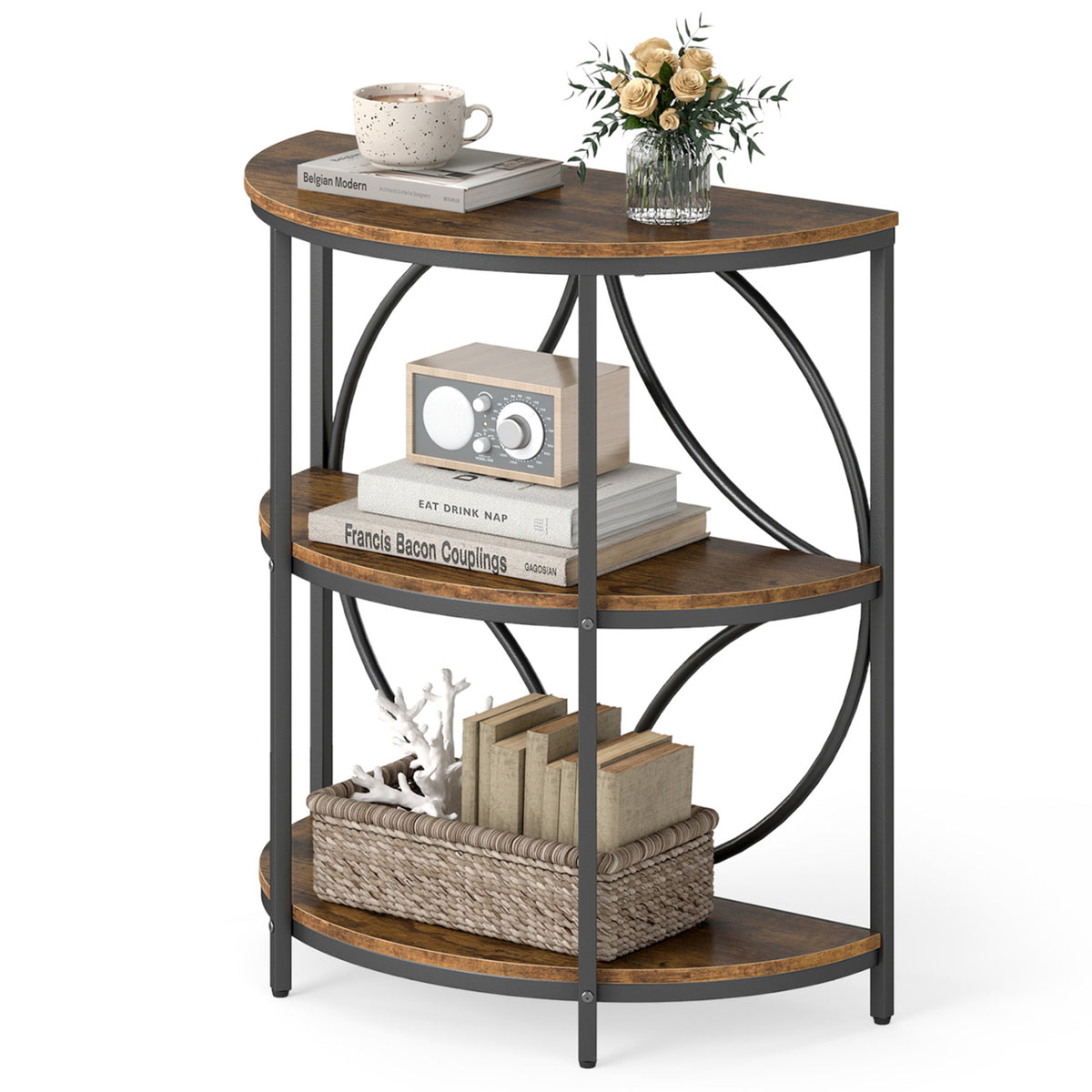 3-Tier Half Round End Table with Study Metal Frame for Living Room
