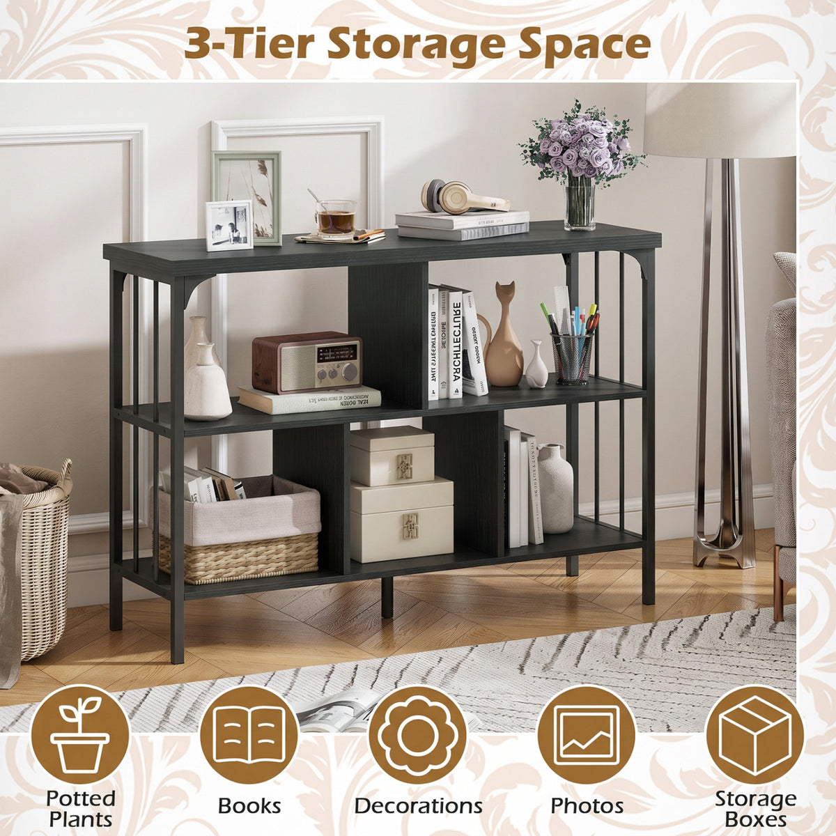 3-Tier Horizontal Cubby Bookshelf with Open Shelves