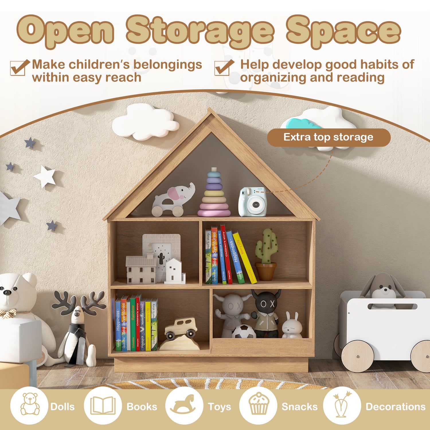 3-Tier House-Shaped Toy Storage Organizer with Open Shelves