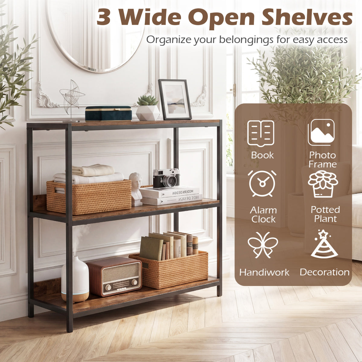 3-Tier Industrial Bookshelf with Wooden Shelves and Metal Frame-Rustic Brown