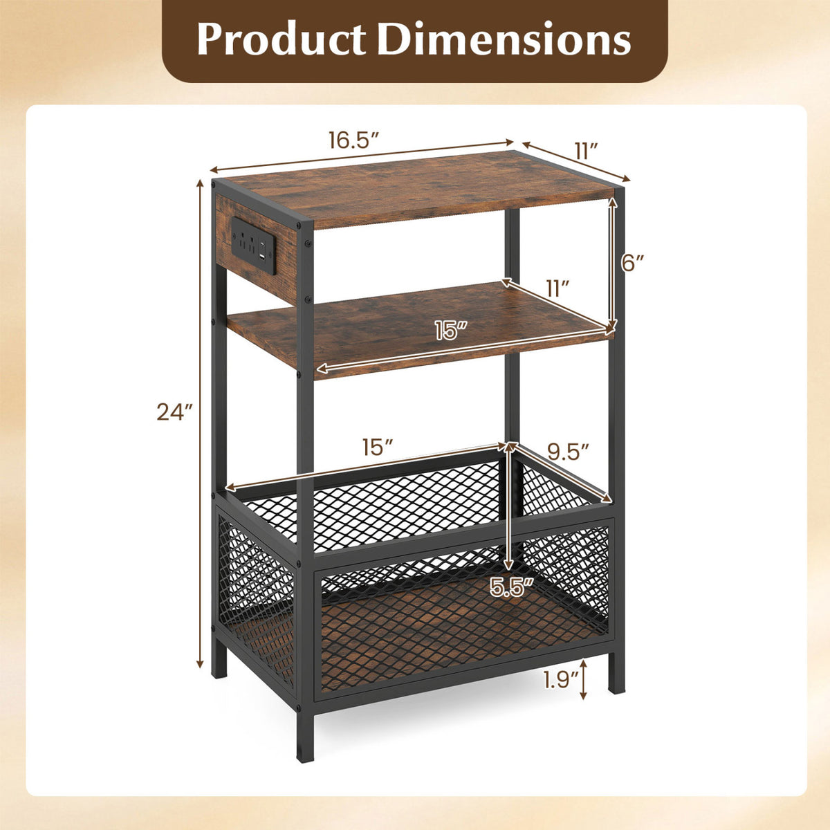 3-Tier Industrial Side Table with 2 AC Outlets and 1 Type-C Ports-Rustic Brown