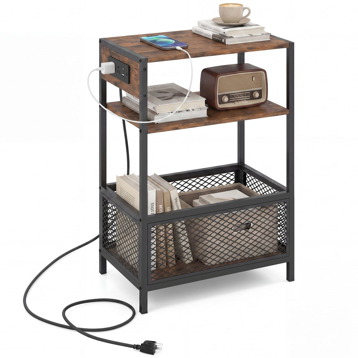 3-Tier Industrial Side Table with 2 AC Outlets and 1 Type-C Ports-Rustic Brown