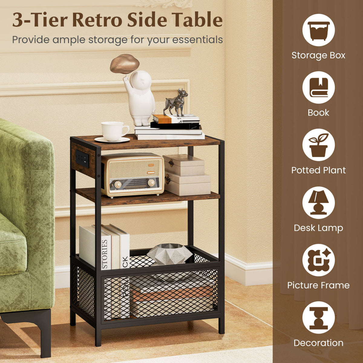 3-Tier Industrial Side Table with 2 AC Outlets and 1 Type-C Ports-Rustic Brown