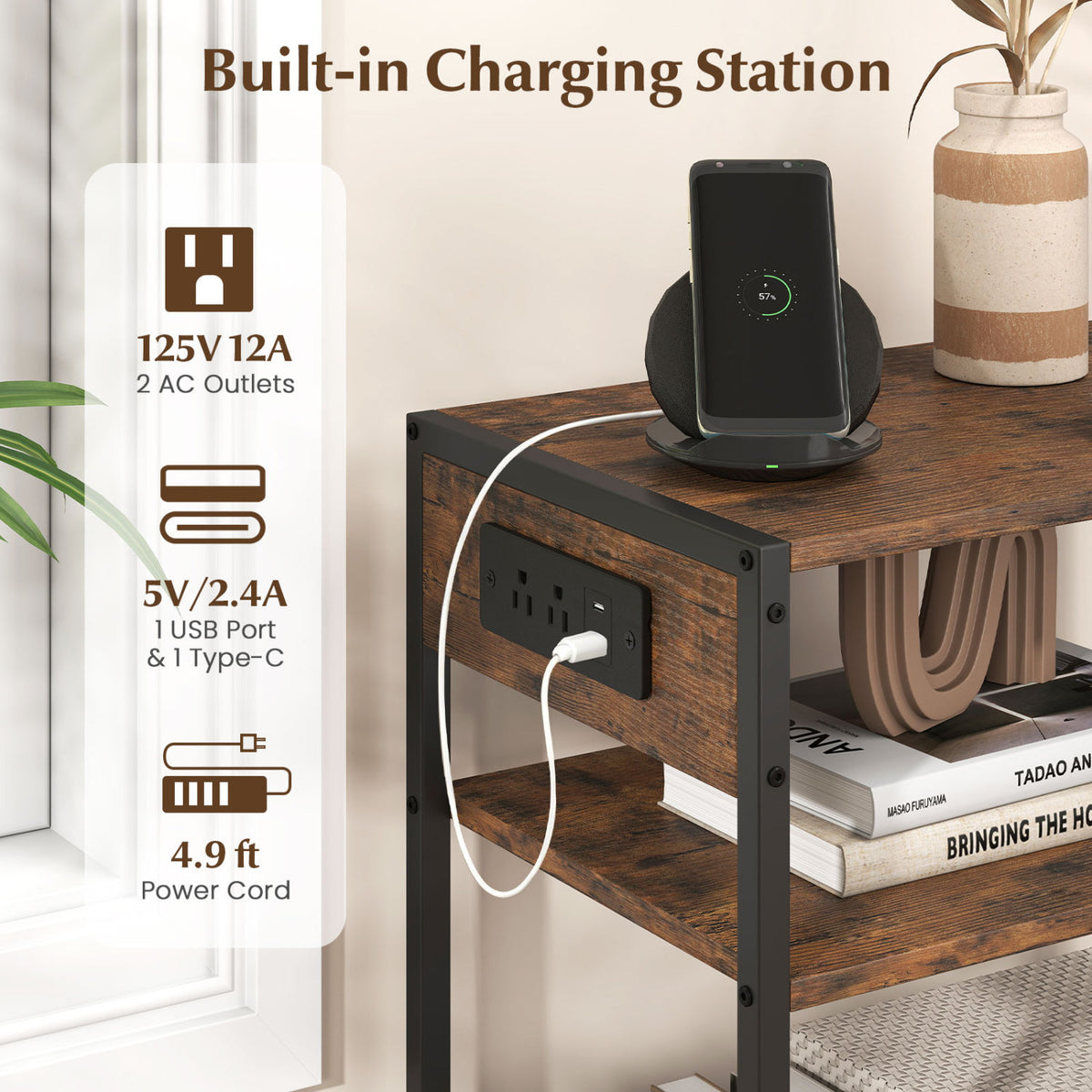 3-Tier Industrial Side Table with 2 AC Outlets and 1 Type-C Ports-Rustic Brown