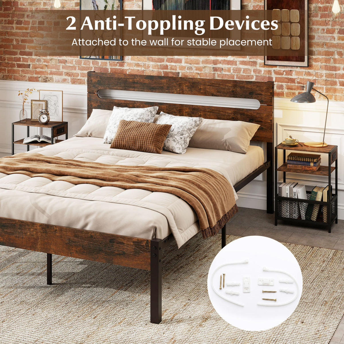 3-Tier Industrial Side Table with 2 AC Outlets and 1 Type-C Ports-Rustic Brown
