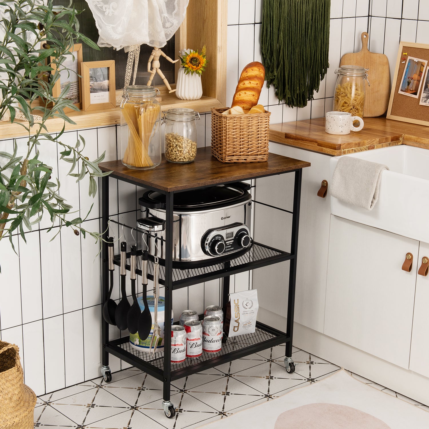 3-Tier Kitchen Utility Industrial Cart with Storage-Brown