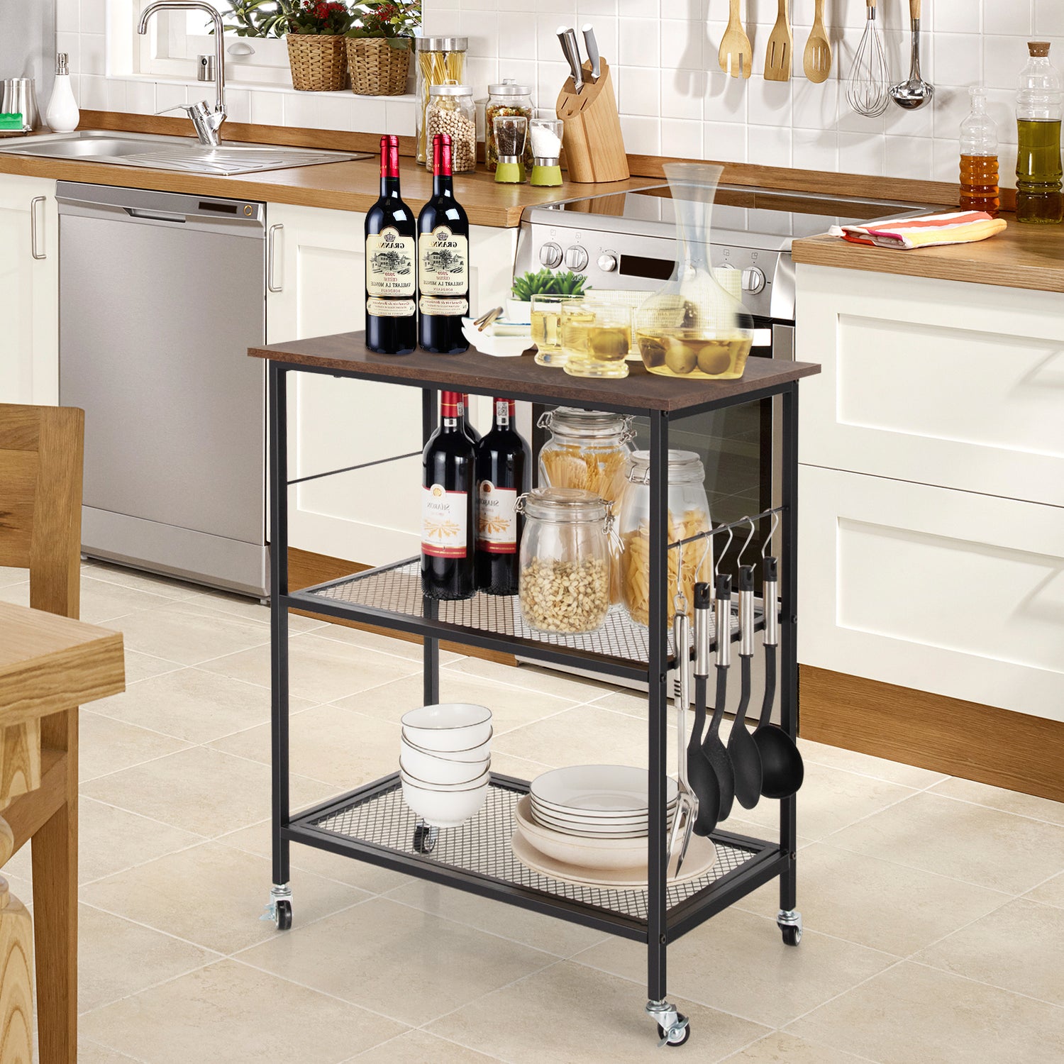 3-Tier Kitchen Utility Industrial Cart with Storage-Brown