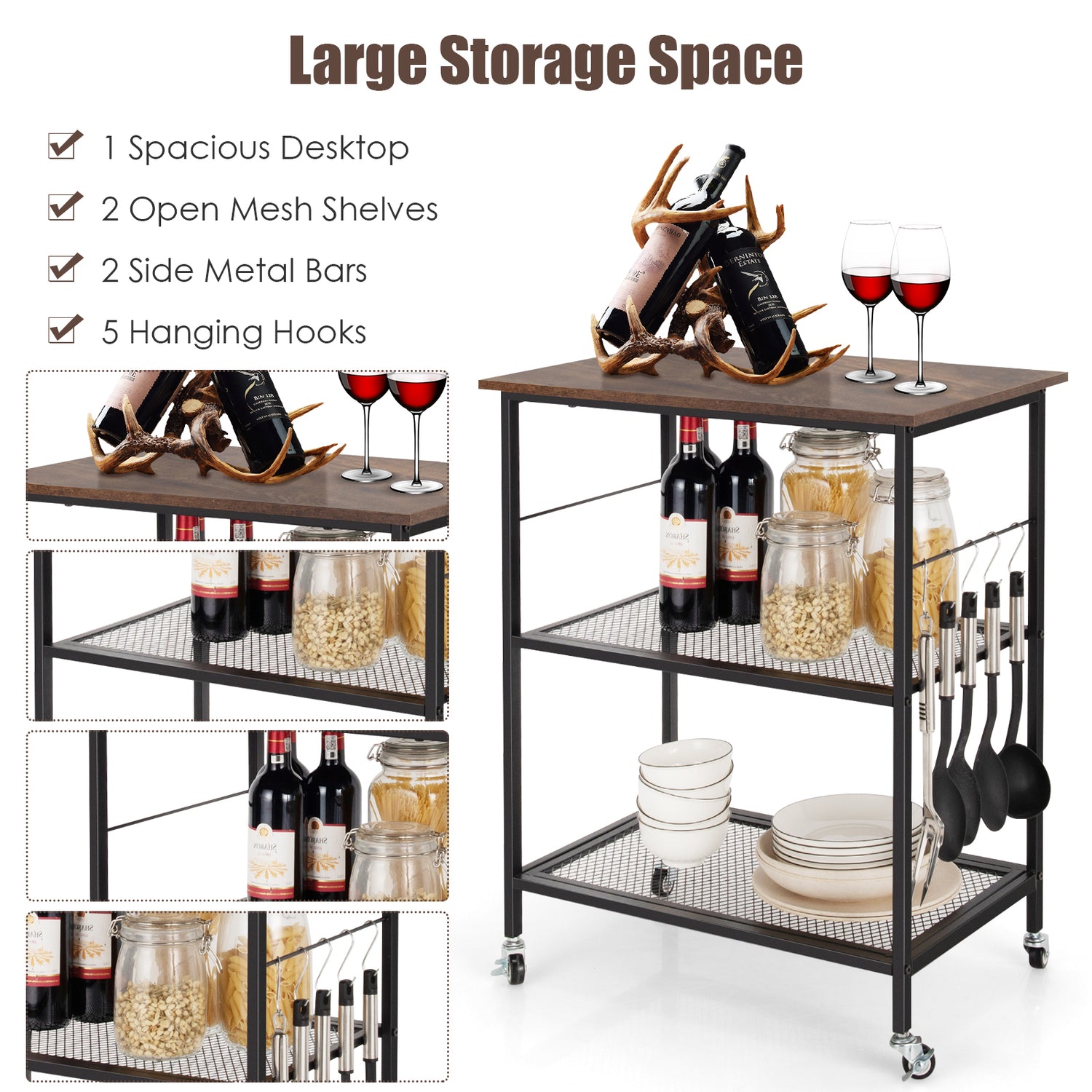 3-Tier Kitchen Utility Industrial Cart with Storage-Brown