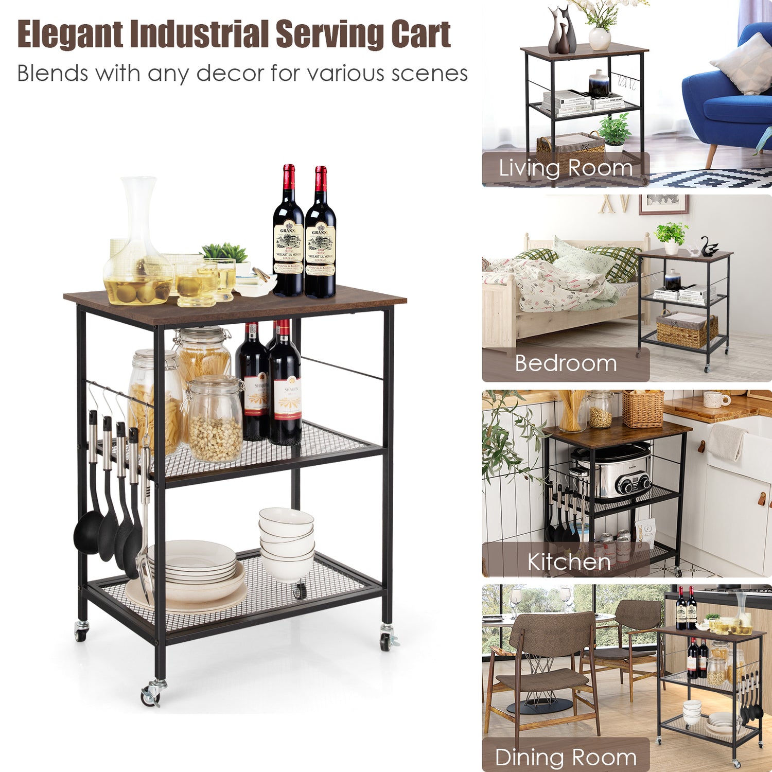 3-Tier Kitchen Utility Industrial Cart with Storage-Brown