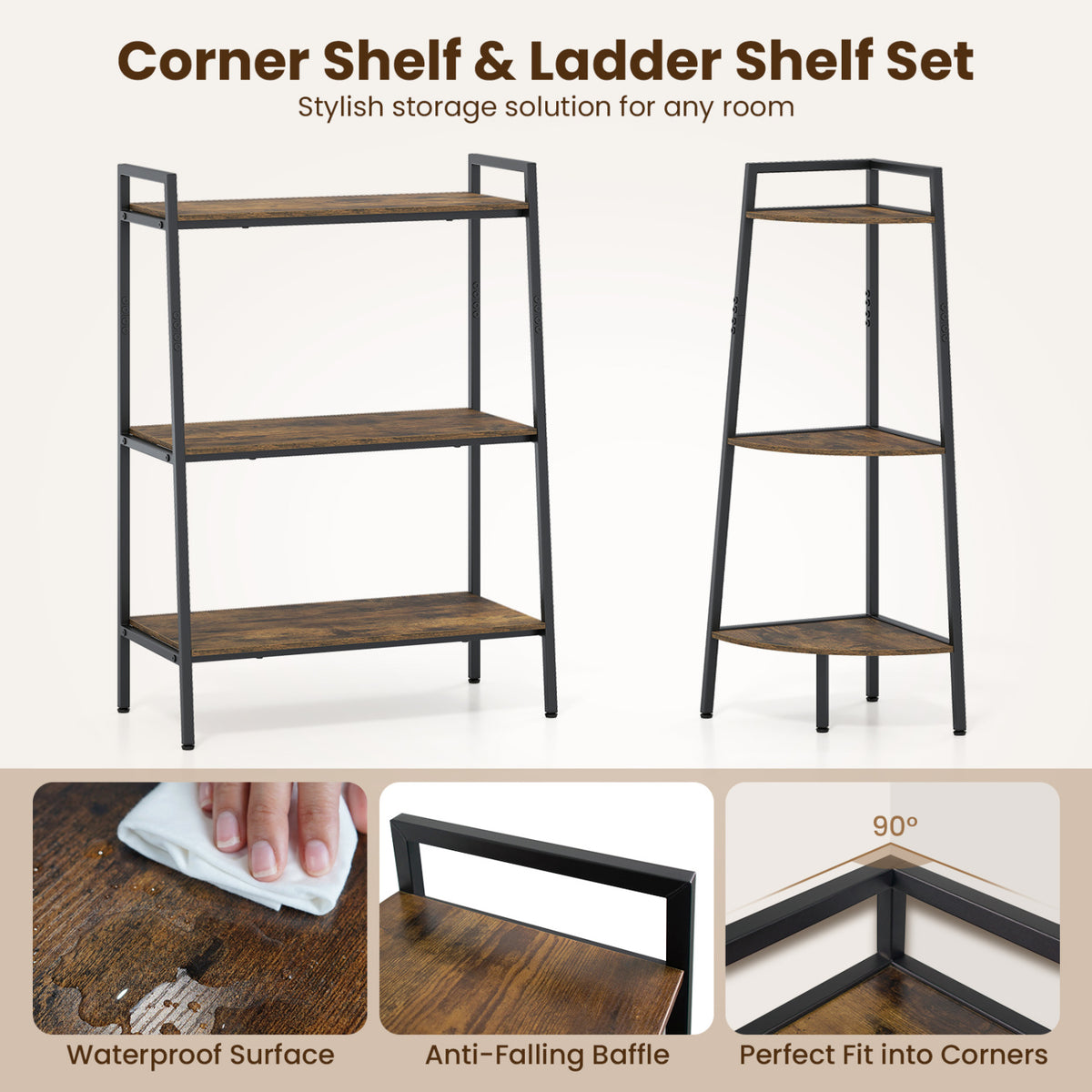 3-Tier Ladder Shelf and Corner Shelf Set with Metal Frame-Rusticbrown