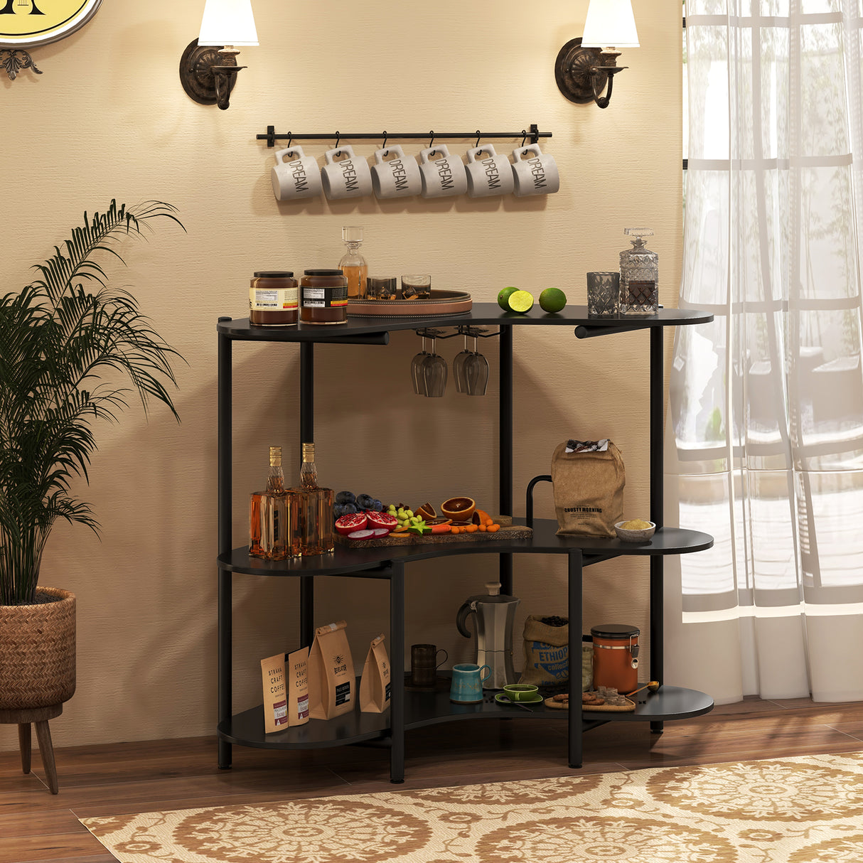 3-Tier Liquor Bar Table with Stemware Racks and Storage Shelves