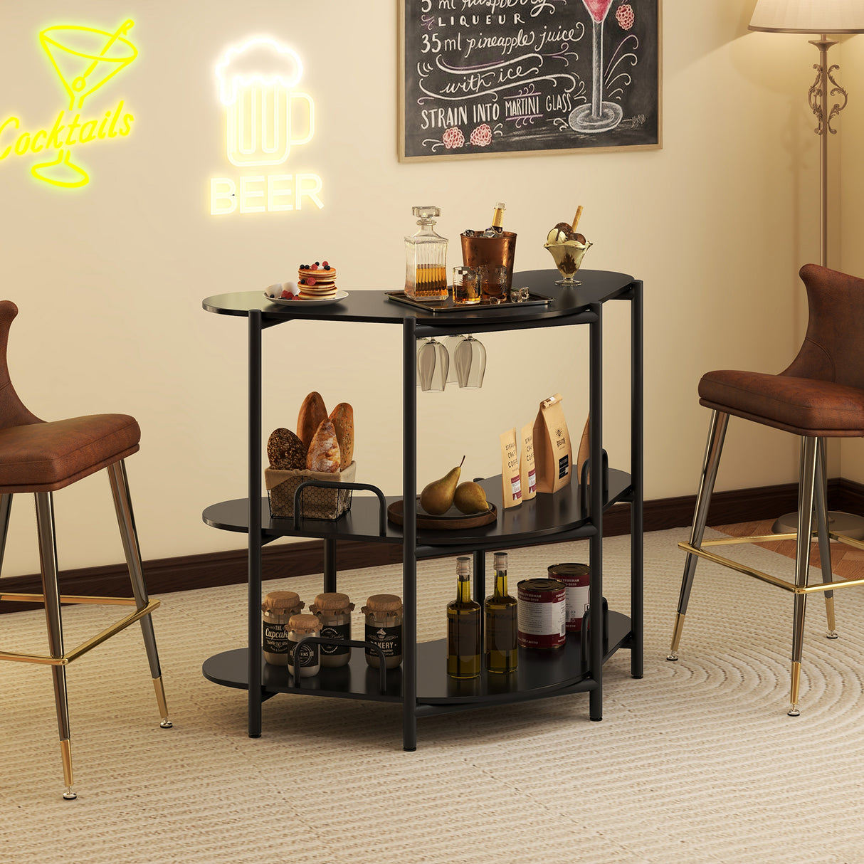 3-Tier Liquor Bar Table with Stemware Racks and Storage Shelves