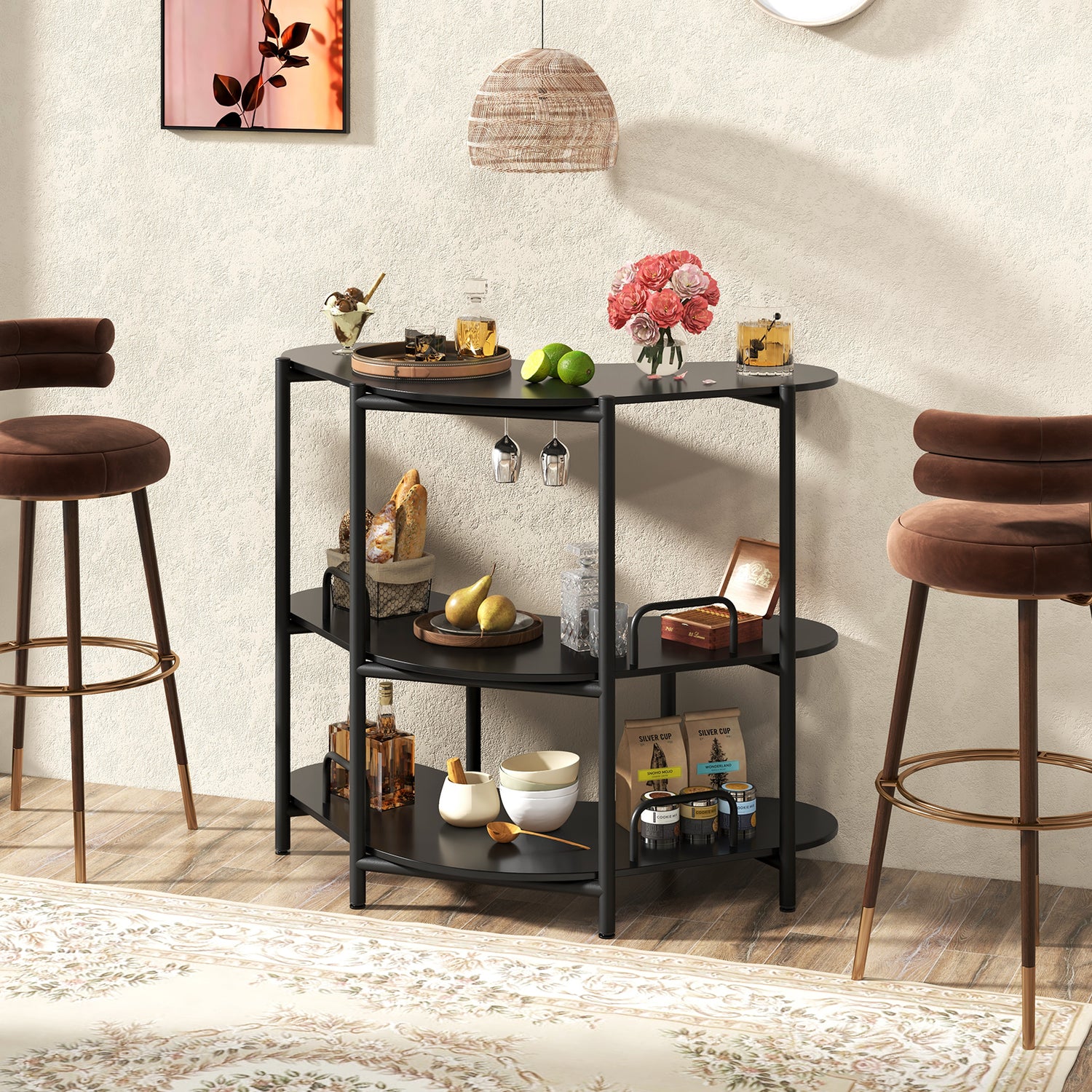 3-Tier Liquor Bar Table with Stemware Racks and Storage Shelves