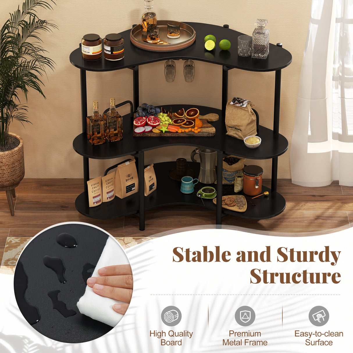 3-Tier Liquor Bar Table with Stemware Racks and Storage Shelves